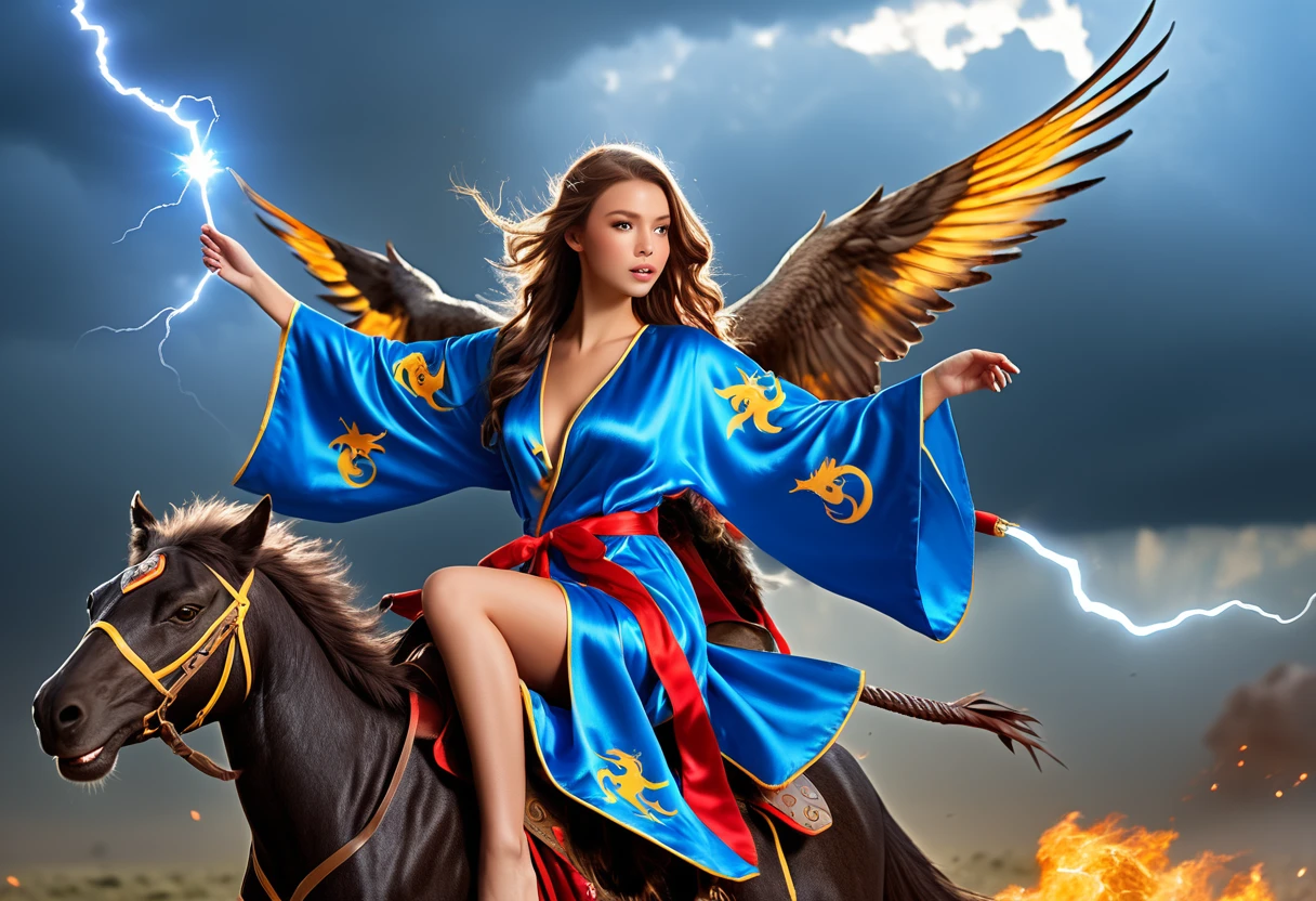 A cute sorcerer (cute woman, sexy airy silken robe with bright symbols) is riding on the back of a fierce griffin, she is tossing lightning as the griffin flies low over the battlefield