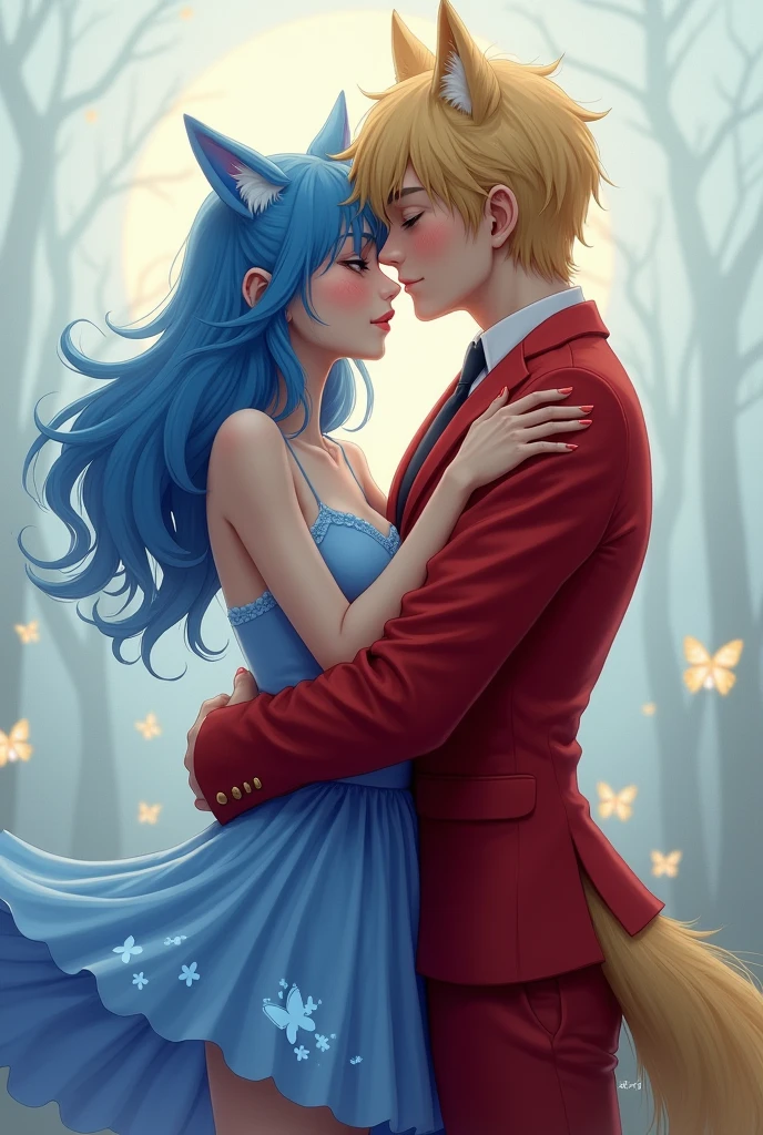 work of art, blue hair woman, far away, short blue butterfly dress, sleeveless, hugging her boyfriend, Meio Lobo, hair blonde, wolf's ears, wolf&#39;s tail, red suit