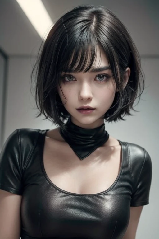 Perfect female android, short hair, straight front bangs covering the forehead to the eyebrows, Yor Forger style hair, casual clothes, black blouse with neckline