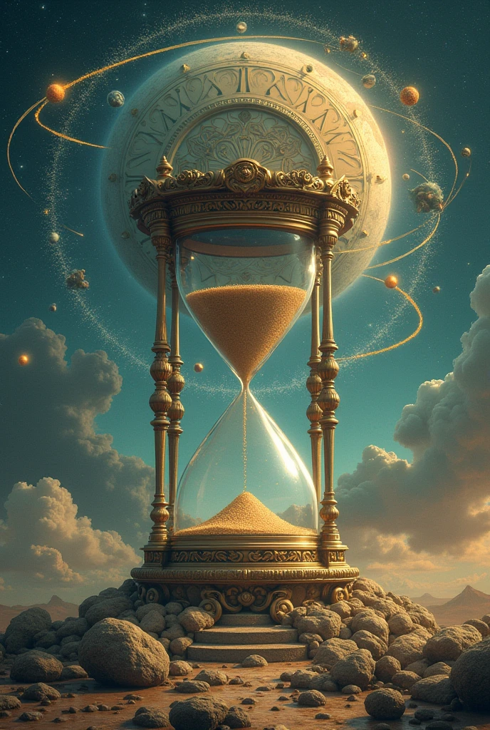 Hourglass, clock and atom