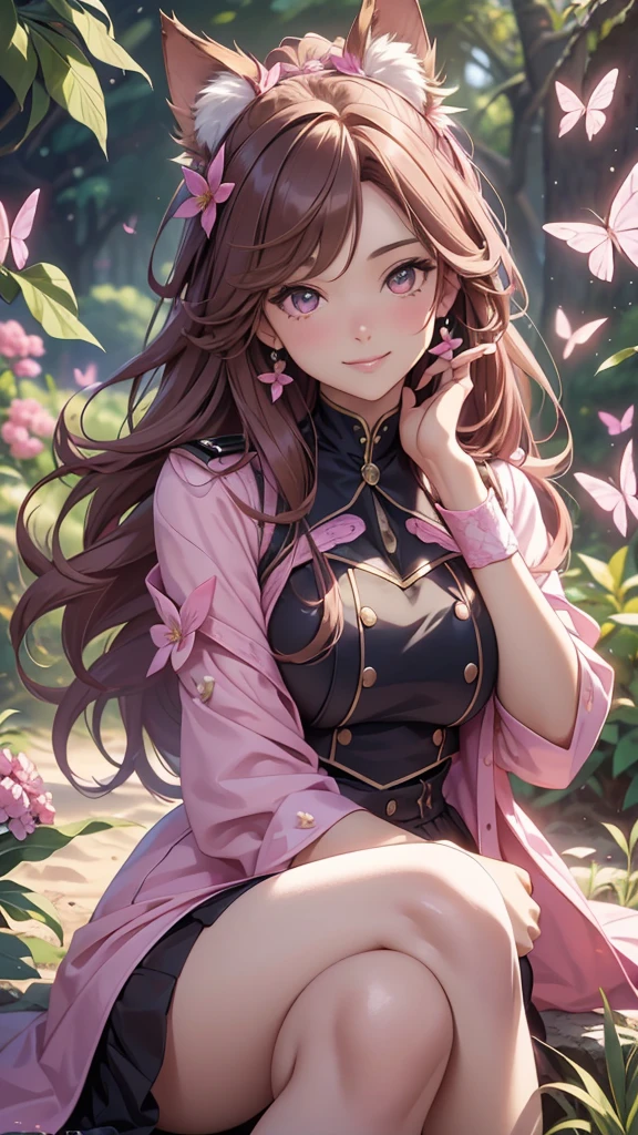 (best quality,4k,8k,highres,masterpiece:1.2),ultra-detailed,(realistic,photorealistic,photo-realistic:1.37),acrylic painting,beautiful Brazilian model in a uniform outfit with downy hair,beautiful Brazilian model with extremely colorful brown hair and detailed facial features,beautiful Brazilian model standing in a beautiful garden sakura flowers, long hair,cat ears, hair bows, uniform pink and teal outfits, smile, happy face, brown pink hair,butterflies, sitting down, brown eyes, mature woman, older woman