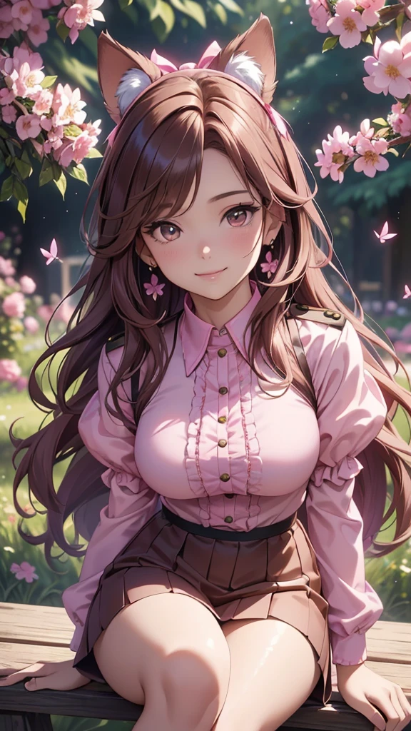 (best quality,4k,8k,highres,masterpiece:1.2),ultra-detailed,(realistic,photorealistic,photo-realistic:1.37),acrylic painting,beautiful Brazilian model in a uniform outfit with downy hair,beautiful Brazilian model with extremely colorful brown hair and detailed facial features,beautiful Brazilian model standing in a beautiful garden sakura flowers, long hair,cat ears, hair bows, uniform pink and teal outfits, smile, happy face, brown pink hair,butterflies, sitting down, brown eyes, mature woman, older woman