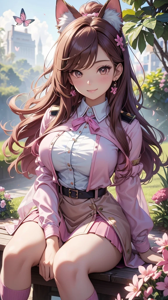 (best quality,4k,8k,highres,masterpiece:1.2),ultra-detailed,(realistic,photorealistic,photo-realistic:1.37),acrylic painting,beautiful Brazilian model in a uniform outfit with downy hair,beautiful Brazilian model with extremely colorful brown hair and detailed facial features,beautiful Brazilian model standing in a beautiful garden sakura flowers, long hair,cat ears, hair bows, uniform pink and teal outfits, smile, happy face, brown pink hair,butterflies, sitting down, brown eyes,  mature woman, older woman 