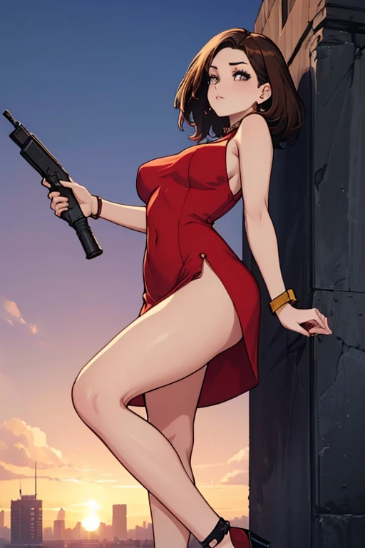 Highest quality、Ultra HD、One Woman、(Long brown hair 1.3)、(red dress 1.3)、(White Heels 1.1)、(Thigh 1.2)、((Shoot a gun 1.2))、(Red Ribbon 1.2)、(Beautiful face like a Japanese actress 1.2)、(Gold Necklace)、(Watch on left wrist)、Adult women、Slender body、((Large Breasts))、(Sunset city background 1.2)、((Clear and beautiful touch))