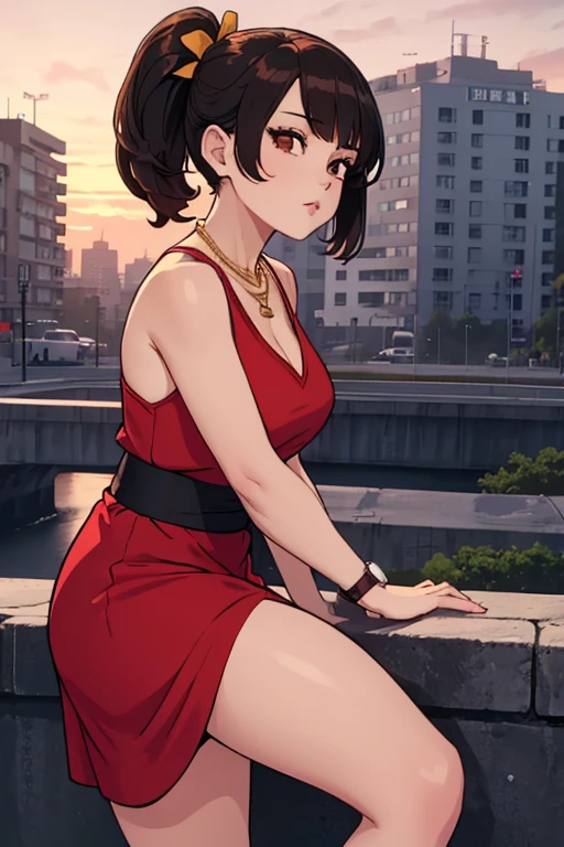 Highest quality、Ultra HD、One Woman、(Long brown hair 1.3)、(red dress 1.3)、(White Heels 1.1)、(Thigh 1.2)、((Shoot a gun 1.2))、(Red Ribbon 1.2)、(Beautiful face like a Japanese actress 1.2)、(Gold Necklace)、(Watch on left wrist)、Adult women、Slender body、((Large Breasts))、(Sunset city background 1.2)、((Clear and beautiful touch))