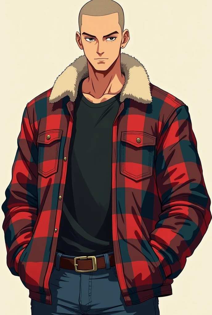 Tall Man, young, shaved hair, Checkered lumberjack jacket with sheepskin, anime, Whole body
