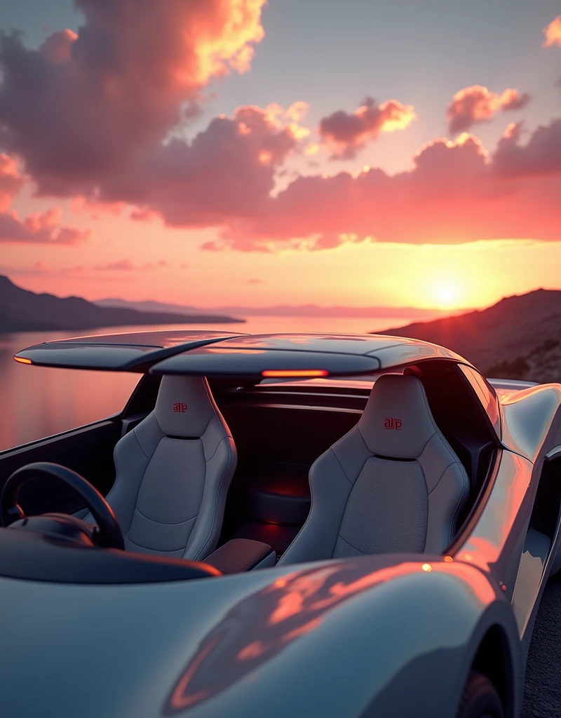Camera view in 3/4 angle (45 degrees). Highlights include the panoramic sunroof, interior design and sports seats in beige synthetic leather with the initials “ALP” written in carmine red embroidery on the headrest. | Natural light with a magnificent pink-orange sunset in the outdoor environment. Infinity"