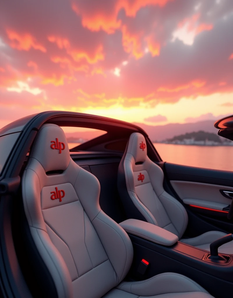 Camera view in 3/4 angle (45 degrees). Highlights include the panoramic sunroof, interior design and sports seats in beige synthetic leather with the initials “ALP” written in carmine red embroidery on the headrest. | Natural light with a magnificent pink-orange sunset in the outdoor environment.  Infinity"   
