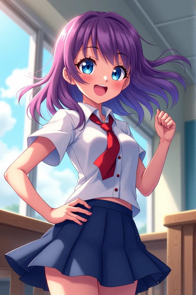 
score_9, score_8_up, score_7_up, source_anime, ochakouraraka, ochako uraraka, blue eyes, purple hair, long hair, blush, blush stickers, smile, skirt, shirt, school uniform, white shirt, short sleeves, pleated skirt, necktie, collared shirt, red necktie, u.a. school uniform, indoors, classroom, looking at viewer, cowboy shot, dutch angle, dynamic pose,

INFO
