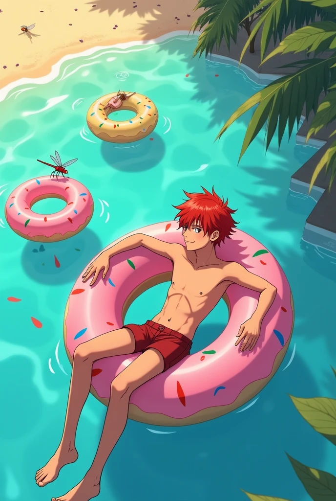 Anime boy with red hair and dark skin, early 20s and a pool floaty with dragonflies all around him, the dragonflies will be in their own pool floaty. The pool floaty should be donut shaped. In the background it's the beach. All of them are in the water. You can see the beach in the bathroom, the boy has his upper body showing but his legs are in the water
