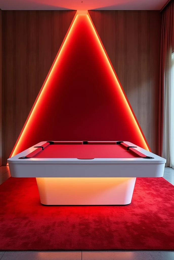 White wooden pool table, with a triangular red carpet and LED lights under the furniture