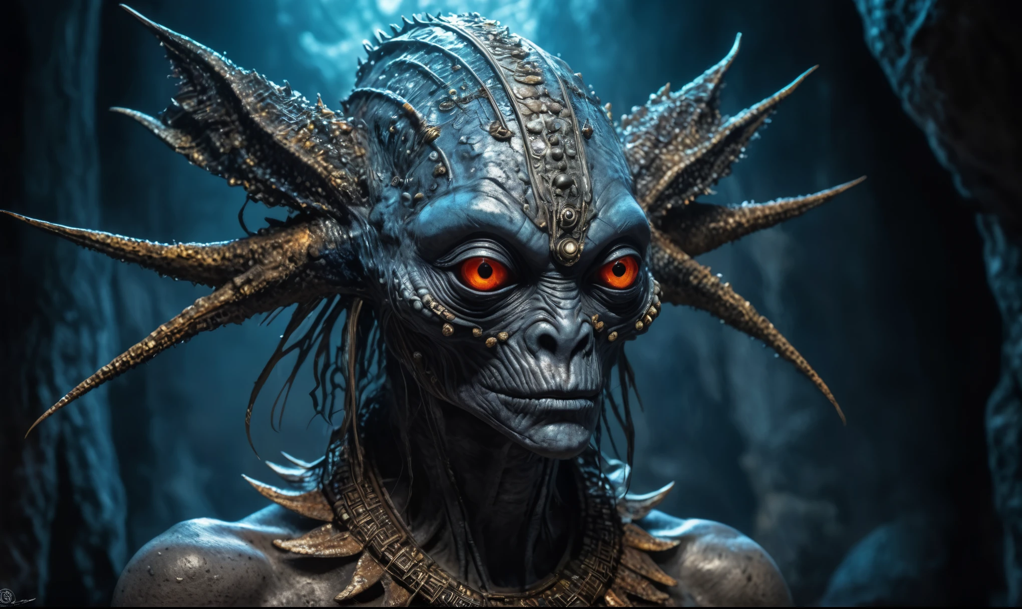full body length shot,nerd graphite Alien Entity,native africa slave ,nowadays azctec central cave,Cinematic,soft colors, Technicolor,natural skin textures, hyper realism, hyper detailed,Extremely detailed,High contrast,Masterpiece,Realistic,Ultra Detailed, intricate details,realistic humid leather,extremely intricate details,Epic Realistic, cinematic style, irina yermolova,high contrast,hdr,extremely detailed, [deep night landscape],masterpiece, intricate details, eyes extremely detailed, high detailed eyes,8k resolution,retina, Nikon Z9,Korea,orc,Egypt, Pisces, transition between two art styles,full body length, Double contact, X-ray, Creative, vivid light, fantasy, Abstract, Surrealism, super detailed, high resolution,insanity national folk wear,skin almost translucent, gothic elements,,Mestichino,Light particles,chaos,starfish's leather,Angkor Wat of Cambodia,"(The best lighting, dramatic),(alien troll half-skull fetus, Hellraiser, Scars, , without brain, , dog inside the head, terror.),(fish eyes, calaveras). studio lightбLuis Duarte Art, Crimson Sci - Fi Mystique style, by Luis Duarte, Luis Duarte style, Space Art, Sci-Fic Art, NijiExpress 3D v3, Kinetic Art, Datanoshing, Oilpainting, Ink v3, Splash style, Abstract Art, Abstract Tech, Cyber Tech Elements, Metallic Effect