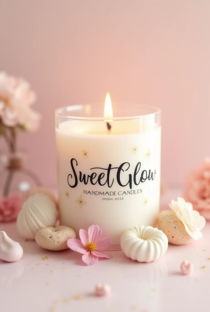 Create a handmade candle logo that has the name Sweet Glow Handmade Candles, in the form of desserts, elegant