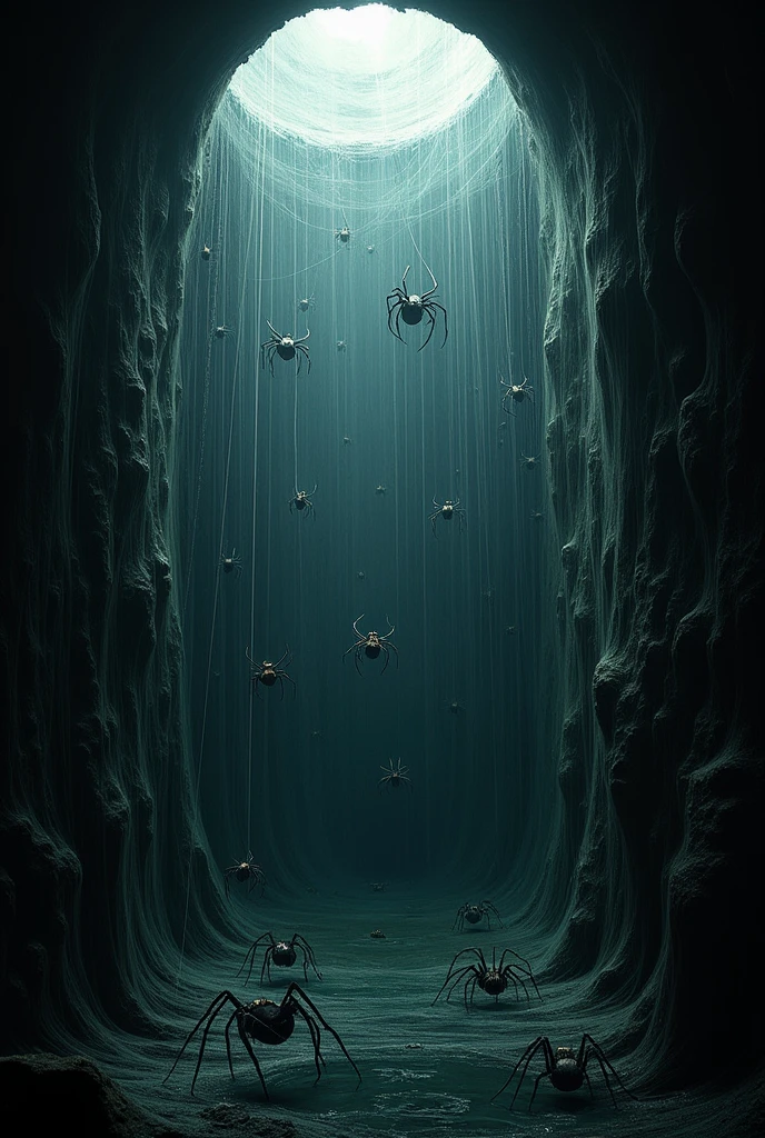 Give me a picture of a dry water well (i.e., No Water). The photo must be dark, located at the bottom of the well. Leaves, inside the well, there must be several spiders and cobwebs.
Greatly increase the number of spiders. Make the well deep and narrow. Make sure at least three spiders are clearly visible in the photo., being a trapper, a black widow and a brown spider. Make that well darker.
Take out the plants, and make each spider have a different style web.