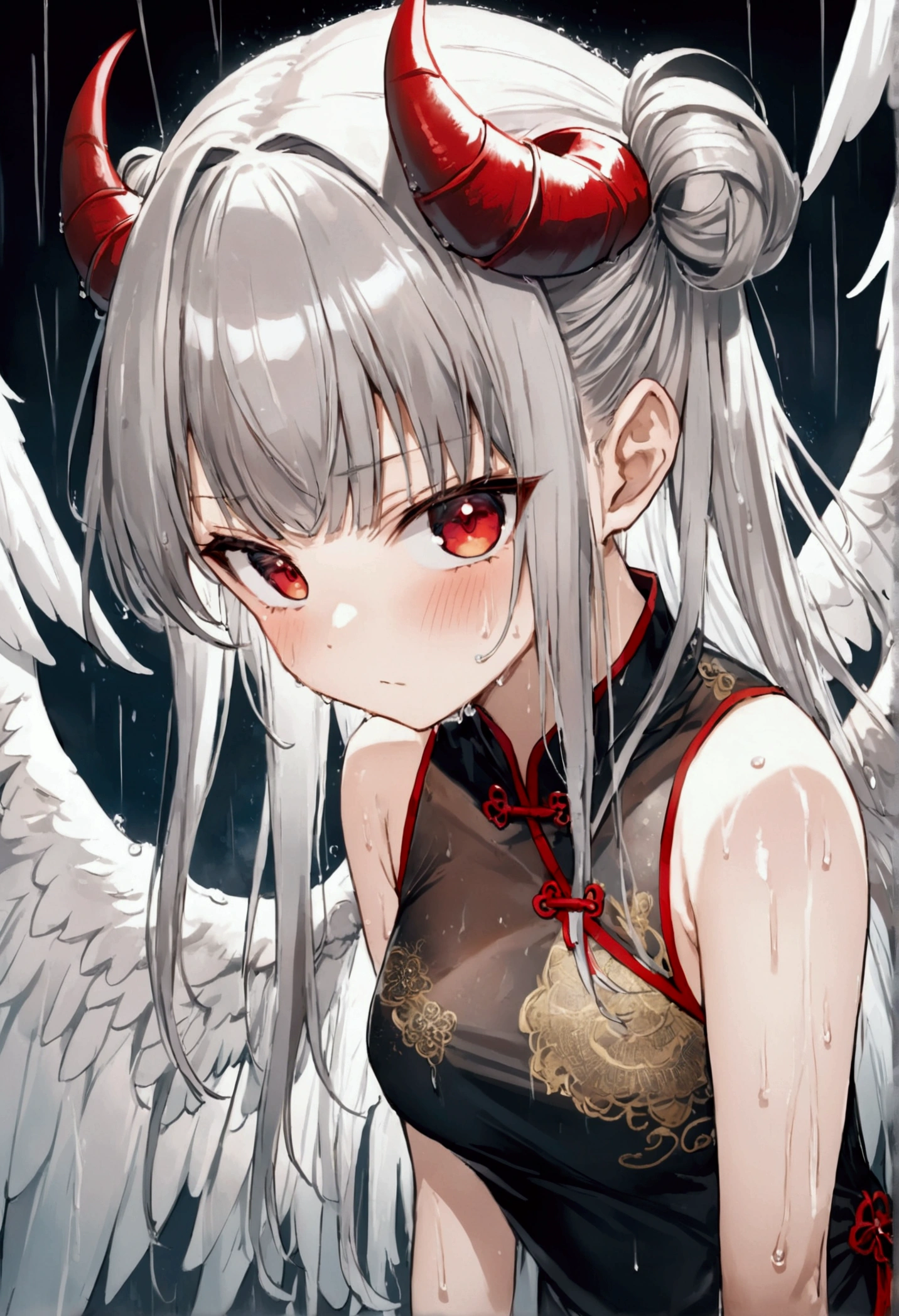 (8k, Highest quality, Manga style, View your viewers, Intricate details:1.3),(One person, Nakiri Ayame, 2Demon horns in the book, Multicolored Hair, Long Hair, Red eyes, Gray Hair), (Six alternating white angel wings and black devil wings:1.3), (China dress, See-through, Sweating, Full body portrait, Being hit by rain, Soaking wet)