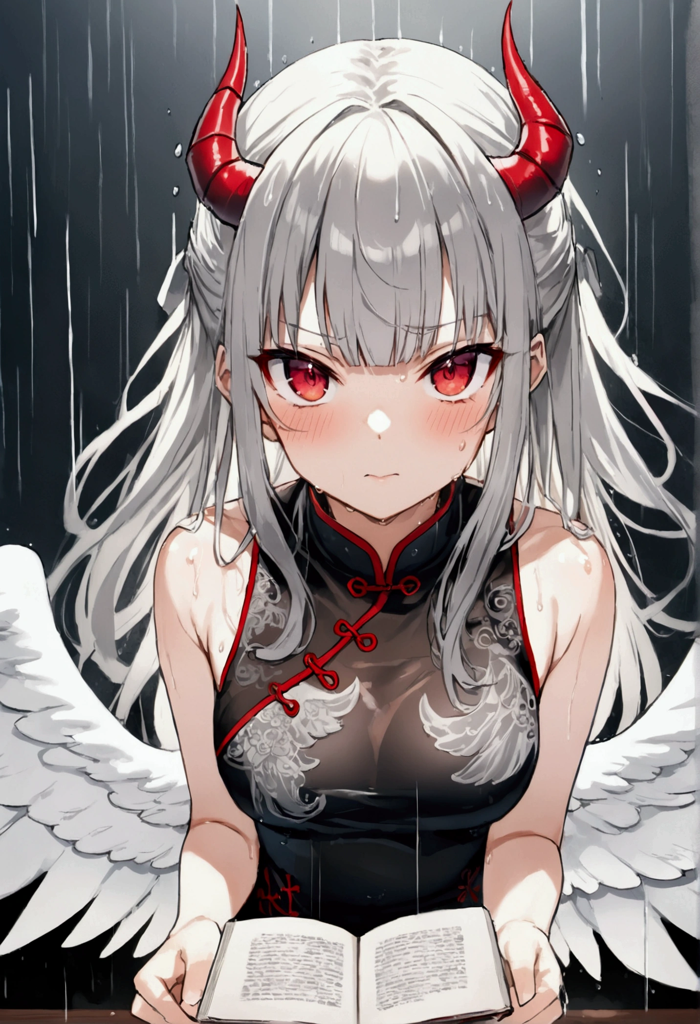 (8k, Highest quality, Manga style, View your viewers, Intricate details:1.3),(One person, Nakiri Ayame, 2Demon horns in the book, Multicolored Hair, Long Hair, Red eyes, Gray Hair), (Six alternating white angel wings and black devil wings:1.3), (China dress, See-through, Sweating, Full body portrait, Being hit by rain, Soaking wet)