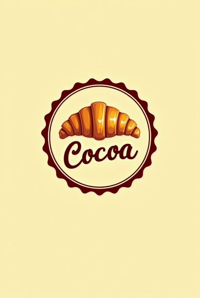 I need to create a logo with realistic bakery texture "cocoa":

Logo Concept Central Element: A stylized croissant with a soft contour, placed in the center of the logo. The croissant can be in a golden yellow hue, representing the freshness and warmth of freshly baked bread.

Typography: Name "cocoa" It will be placed under the croissant with a handwritten font, evoking a handcrafted feel. The word "cocoa" will be in a deep red color, reflecting the passion and energy, as well as creating an attractive contrast with the yellow of the croissant.

Additional detail: On top of the croissant, You can add a small cocoa leaf or a cup of hot chocolate with small red details, hinting at the idea of cocoa and the tradition of baking.

Logo Shape: The set may be enclosed in a circular or stamp-shaped frame., with the border in red and the background in a light yellow tone.

Golden Yellow Color Palette: For the croissant and the base.
deep red: For typography and details such as borders or small decorative elements.
Brown (Optional): For minor details, like cocoa or a cup of chocolate.
