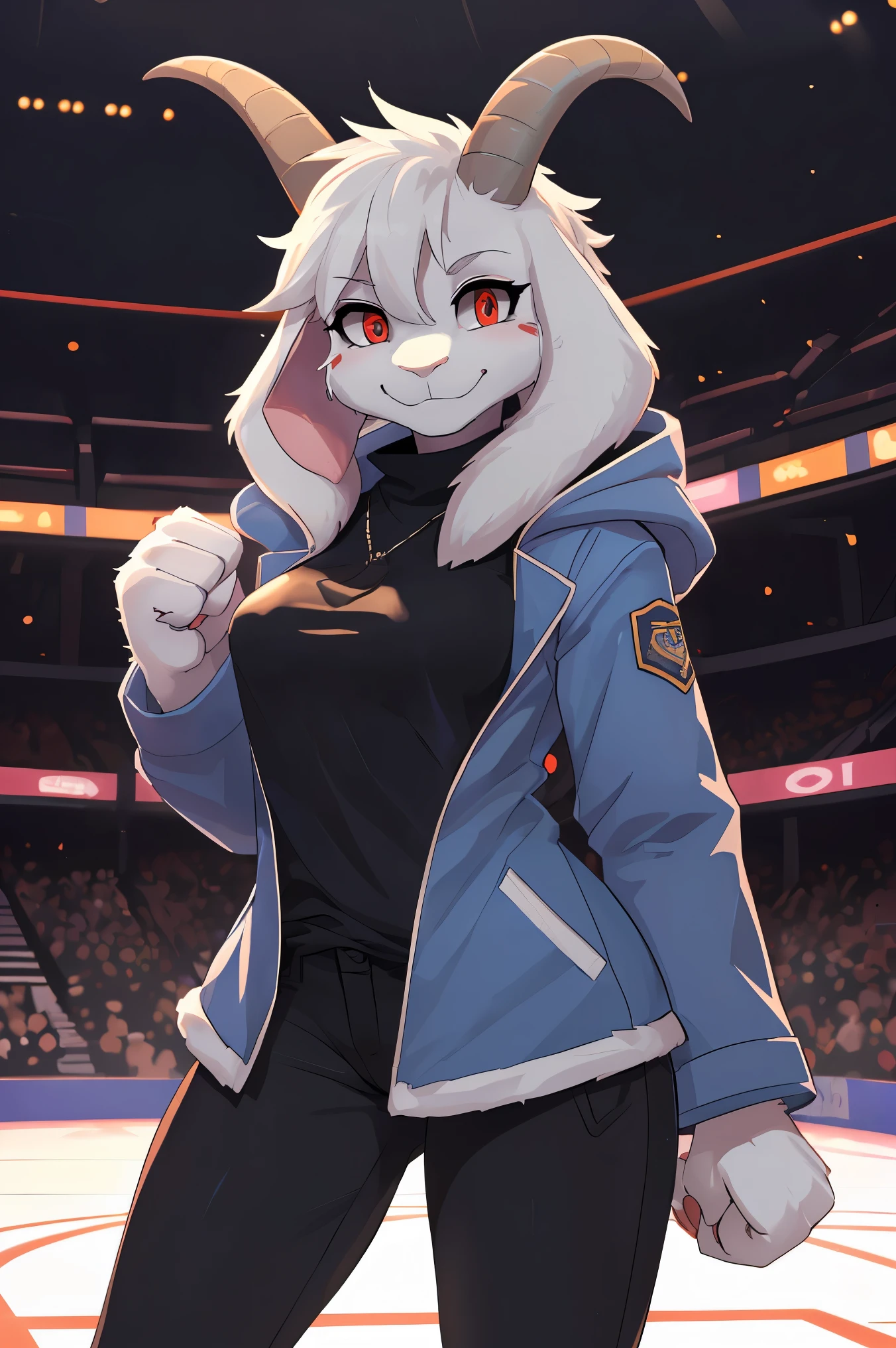 woman,  adult, alone, in an arena, hairy, goat, anthropomorphic goat, Asriel, Undertale ((Asriel Dreemurr)), average breasts, big ass, average hips, perfect body, tall, ((long hair, long white hair ), black eyes ((black sclerae), reddish pupils, ((slit-shaped pupils)), anthropomorphic face, cartoon, a beautiful smile, Eskimo coat ((blue coat, no drawing, Eskimo coat)), metacarpal paw, black blouse ((black shirt, black pants)), goat tail, short horns, white horns ((drooping ears, big ears)), black marks on the body (God of Hyper death), looking at the viewer, goat paw, anthropomorphic paw, battle stance, combat pose, closed fists, paw details, detailed, best quality, best detail, details and quality.