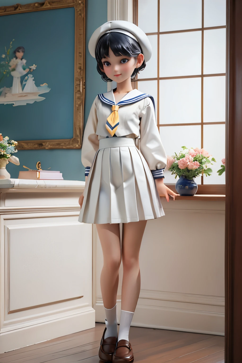 (Porcelain Doll)、(Ceramic figure)、(One girl、high school student)、(natural standing posture)、(Show your whole body)、(Smaller head:1.2)、Detailed facial depiction、A kind smile、Short Hair、White Beret、(White Sailor Suit Dress)、Navy blue sailor collar、(White long skirt)、Pleated skirt、shoes、loafers、Vintage、Classic、((Watercolor of singer Sargent))、((No background))、((White Background))、Blur the background、(No logo)、(Highest quality、High resolution、masterpiece)、3d、4K、wallpaper、