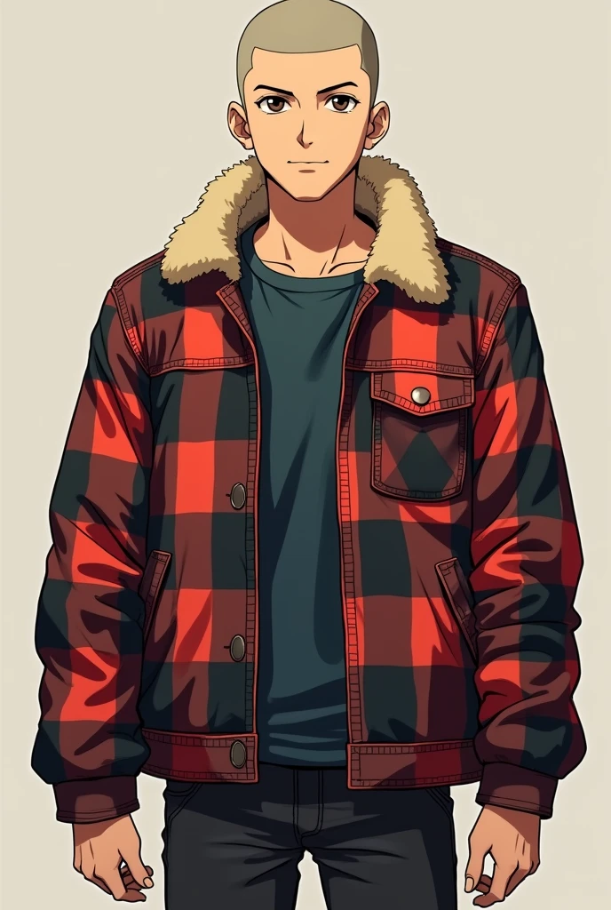Tall Man, young, shaved hair, Checkered lumberjack jacket with sheepskin, anime, Whole body