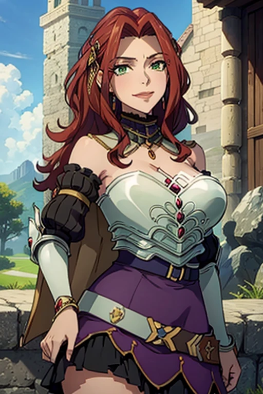 (masterpiece, Best Quality:1.4), looking at the viewer, cowboy shot, affected smile, malty melromarc, Red hair, by the wide, green eyes, exposed cleavage, big breasts, big breasts, hair ornament, earrings, jewelry, armor, armored dress, dress, separate sleeves, breastplate, purple skirt, belt, outdoor, grass, on a tower in spacee, big breasts, huge breasts, giant breasts