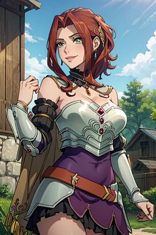 (masterpiece, Best Quality:1.4), looking at the viewer, cowboy shot, affected smile, malty melromarc, Red hair, by the wide, green eyes, exposed cleavage, big breasts, big breasts, hair ornament, earrings, jewelry, armor, armored dress, dress, separate sleeves, breastplate, purple skirt, belt, outdoor, grass, on a tower in spacee, big breasts, huge breasts, giant breasts