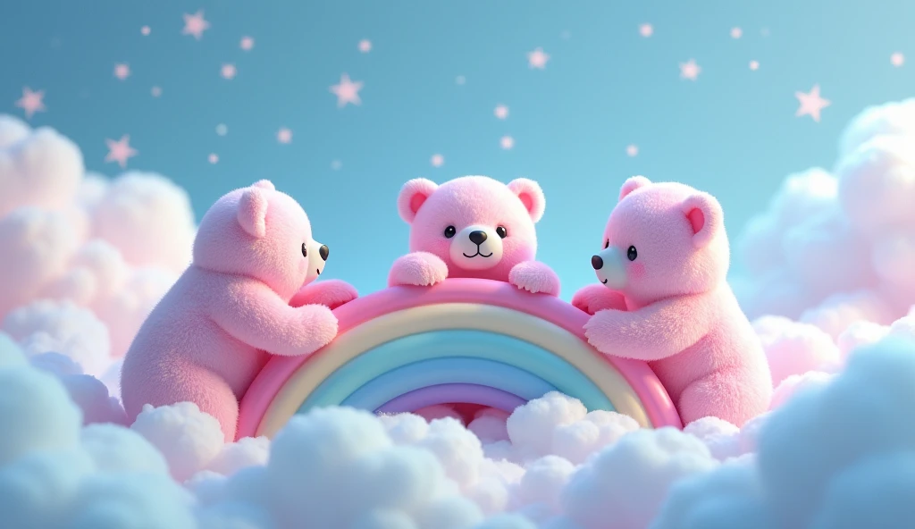 "Three very cute bears—lilac and pink—playing on a cute rainbow, atop beautiful blue clouds in a sky with twinkling stars, in ultra-realistic 4K