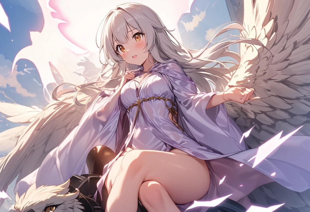 A cute sorcerer (cute woman, sexy airy silken robe with bright symbols) is riding on the back of a fierce griffin, she is tossing lightning as the griffin flies low over the battlefield