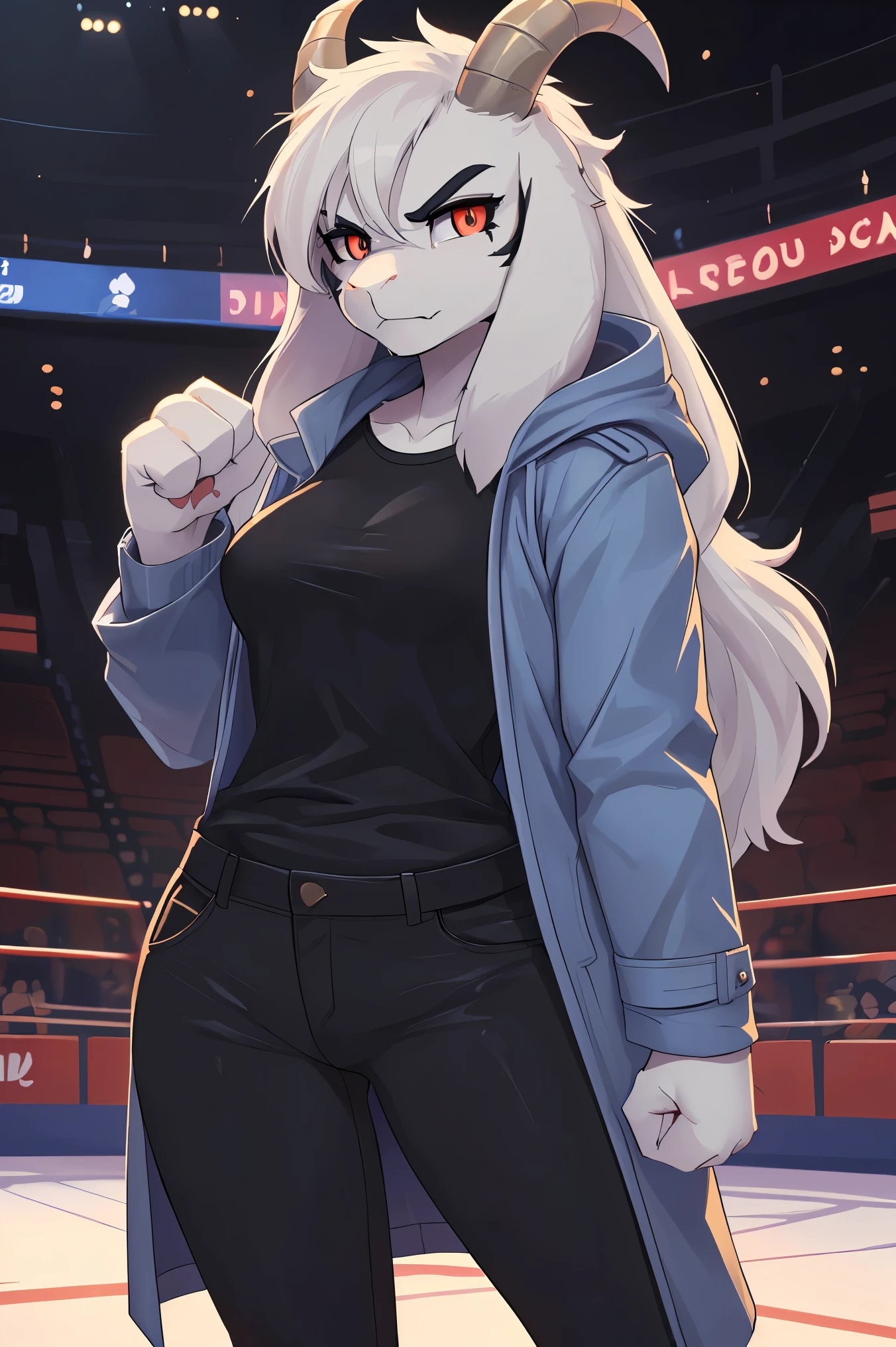 woman, adult, alone, in an arena, hairy, goat, anthropomorphic goat, Asriel, Undertale ((Asriel Dreemurr)), average breasts, big ass, average hips, perfect body, tall, ((long hair, long white hair ), black eyes ((black sclerae), reddish pupils, ((slit-shaped pupils)), anthropomorphic face, cartoon, angry, Eskimo coat ((blue coat, no drawing, Eskimo coat)), paw metacarpal, black blouse ((black shirt, black pants)), goat's tail, short horns, white horns ((droopy ears, big ears)), black markings on the body (God of Hyperdeath), looking at the viewer, paw goat, anthropomorphic paw, battle stance, combat pose, closed fists, details on the paws, detailed, best quality, best detail, details and quality.