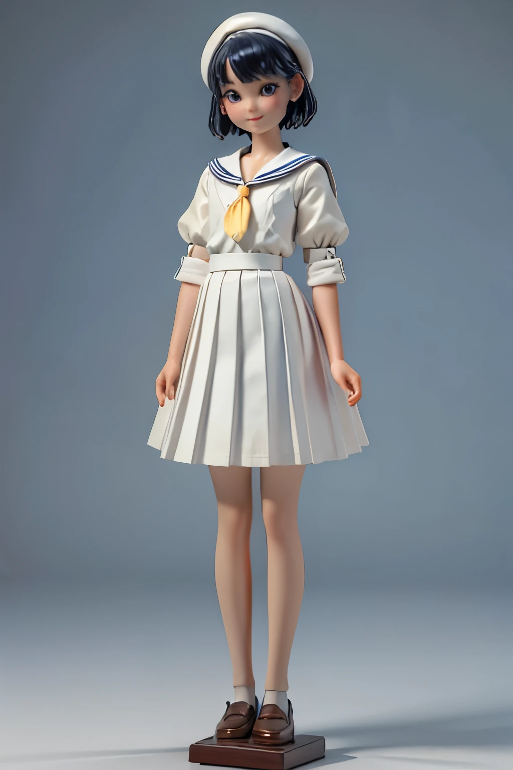 (Porcelain Doll)、(Ceramic figure)、(One girl、high )、(natural standing posture)、(Show your whole body)、(Smaller head:1.2)、Detailed facial depiction、A kind smile、Short Hair、White Beret、(White Sailor Suit Dress)、Navy blue sailor collar、(White long skirt)、Pleated skirt、shoes、loafers、Vintage、Classic、((Watercolor of singer Sargent))、((No background))、((White Background))、Blur the background、(No logo)、(Highest quality、High resolution、masterpiece)、3d、4K、wallpaper、