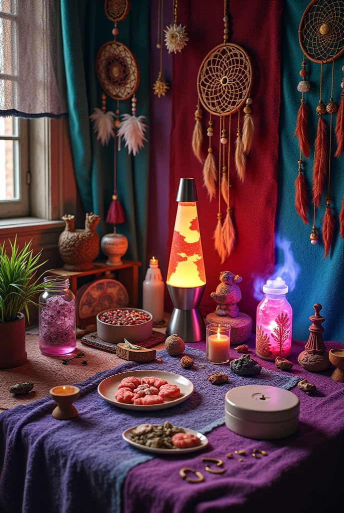 energetic and esoteric kits, candles, incense, personalized rituals, herbal baths, Protection amulets with a background of colorful fabrics and suncatchers and dreamcatchers, in a mystical closed environment with a lava lamp