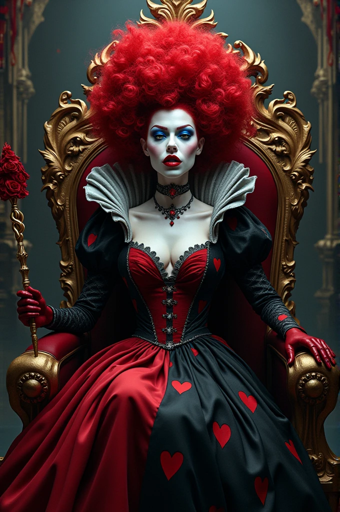 （curly red hair），queen，queen服饰，Holding a stick of love，Red lipstick，(the Red Queen，迪士尼Villains)，Big head，Pale skin，Villains，Sitting on the throne，Accessories，poker，blue eye shadow (((naked )))