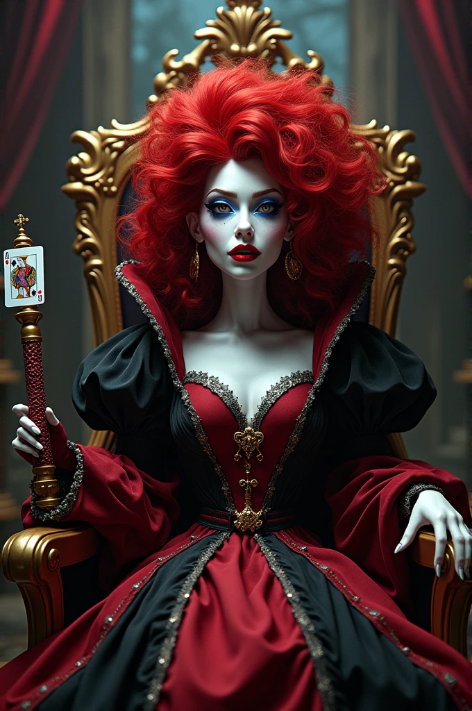 (curly red hair),queen,queen服饰,Holding a stick of love,Red lipstick,(the Red Queen,迪士尼Villains),Big head,Pale skin,Villains,Sitting on the throne,Accessories,poker,blue eye shadow (((naked )))
