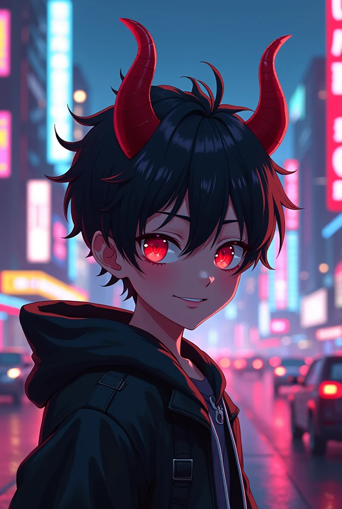 Devil anime boy in city with neon with traffic