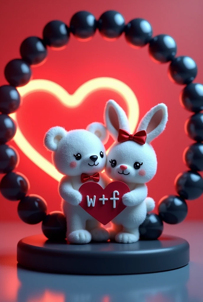 A 3D render of a white teddy bear and a white bunny rabbit wearing a red bow holding a red heart ""W + F" written on it in Capital alphabets, are standing in a black beaded bracelet. The bracelet is sitting on a dark red and blue surface with a neon red heart shape in the background. The image is in the style of a cute cartoon.