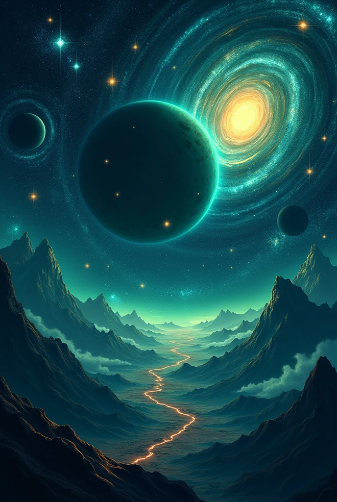 Create a vector illustration of planets in space in navy blue and green colors and with bright exploding stars and super large galaxies in the background   
