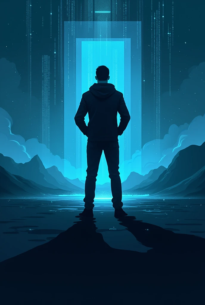 A male silhouette in vector format with a background landscape referring to the internet and the virtual world, colors should be blue of a darker shade with black