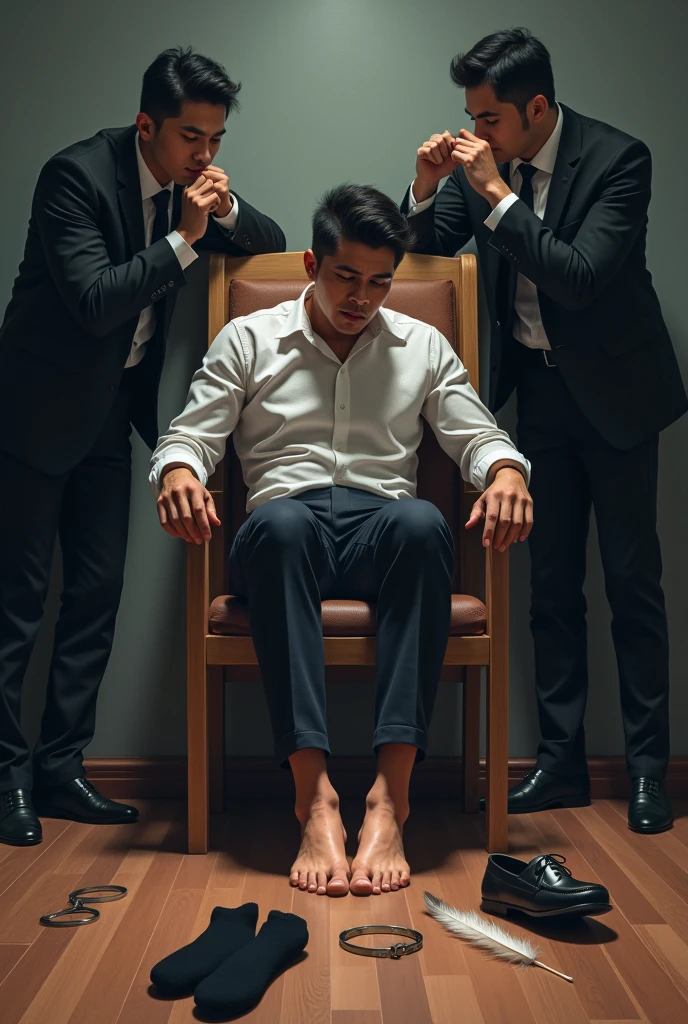 Handsome malay Zarul 20years lawyer
1 man Rub his feet
He fainted
Focus 5toefeet
Shoeless
Hand Handcuff wooden chair
blindfolded
feather on floor
Pair of Blacksock on floor
2 mafia pinch their nose
