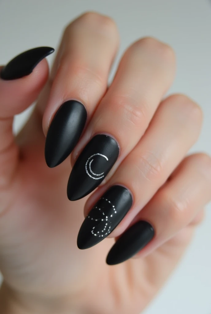 Black almond soft gel nails with simple drawings of a moon