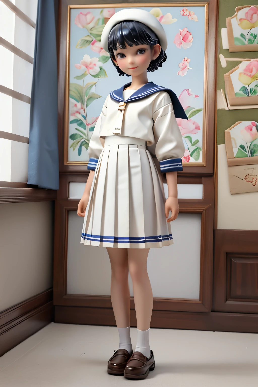 (Porcelain Doll)、(Ceramic figure)、(One girl、high school student)、(natural standing posture)、(Show your whole body)、(Smaller head:1.2)、Detailed facial depiction、A kind smile、Short Hair、White Beret、(White Sailor Suit Dress)、Navy blue sailor collar、(White long skirt)、Pleated skirt、shoes、loafers、Vintage、Classic、((Watercolor of singer Sargent))、((No background))、((White Background))、Blur the background、(No logo)、(Highest quality、High resolution、masterpiece)、3d、4K、wallpaper、