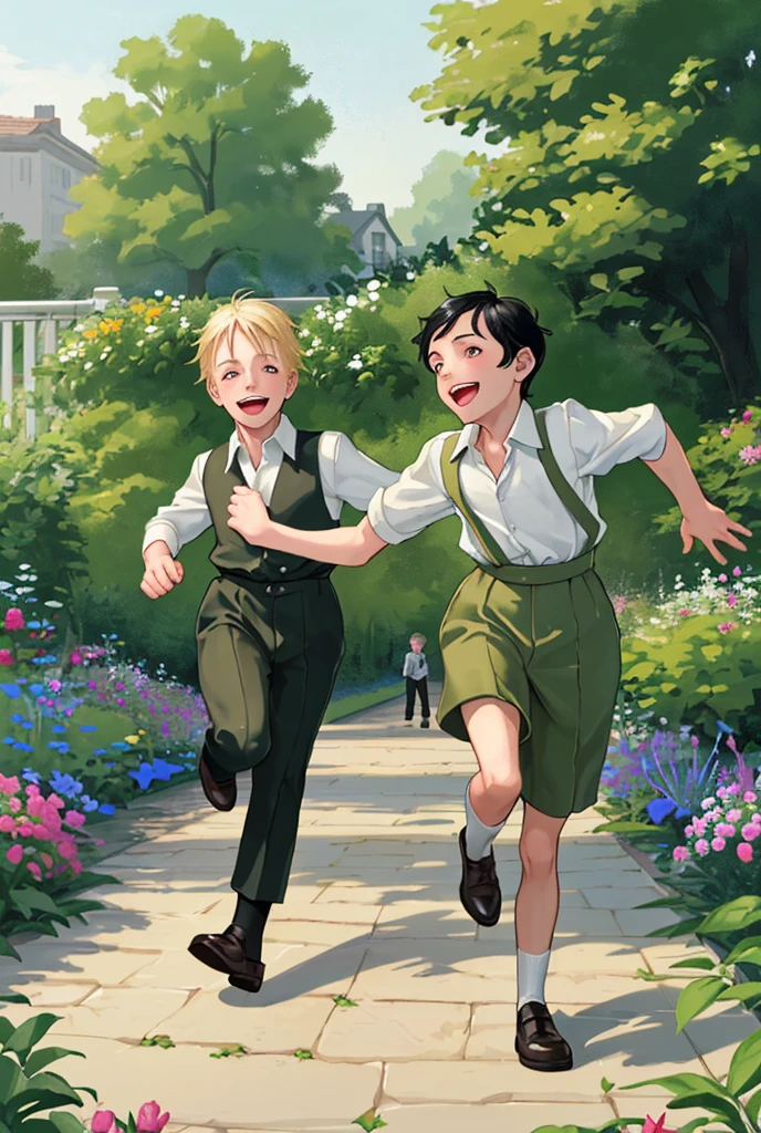 two children, two boys, running in the garden in thirties clothes, playing and smiling, black hair, blond hair