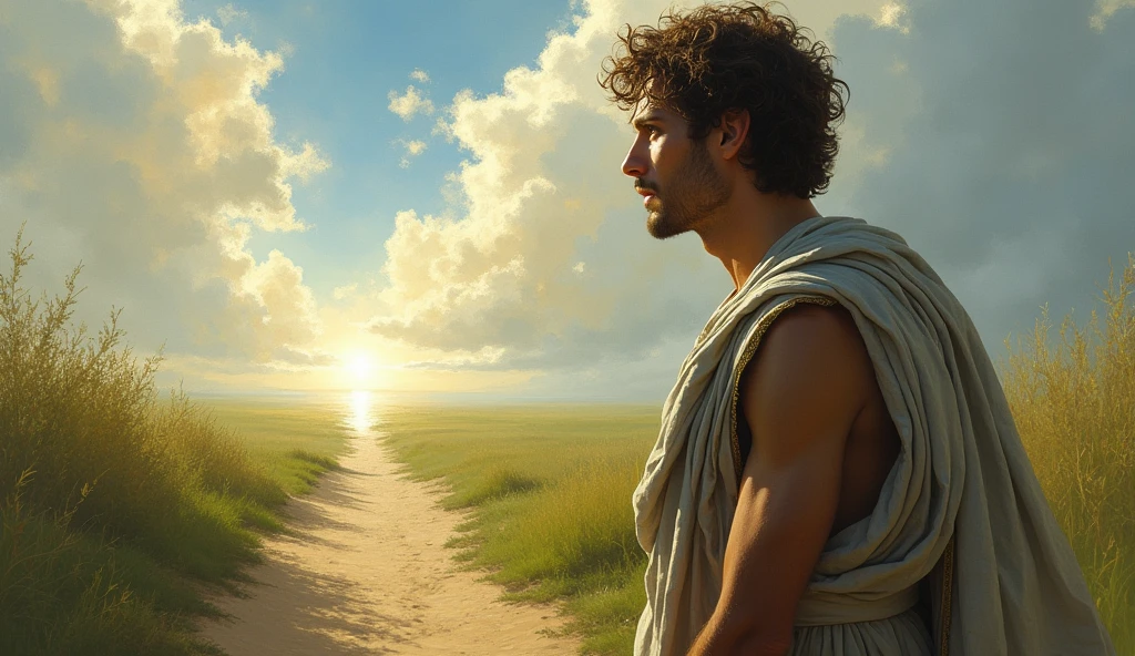 A male stoic philosopher with a well-proportioned and attractive physique, not excessively muscular. He is wearing classic tunics, slightly transparent, that gently drape over his body, subtly revealing parts of his shoulder, with a very short and well-groomed beard, and wavy, well-stylized hair. He stands tall, a faint light illuminating his face as he looks towards the horizon, symbolizing hope and the possibility of rebuilding. The scene is set in a vibrant, impressionist landscape with rich colors and dynamic brushstrokes, creating a sense of movement and emotion. The background has a subtle texture that adds depth but complements the text without overpowering it.