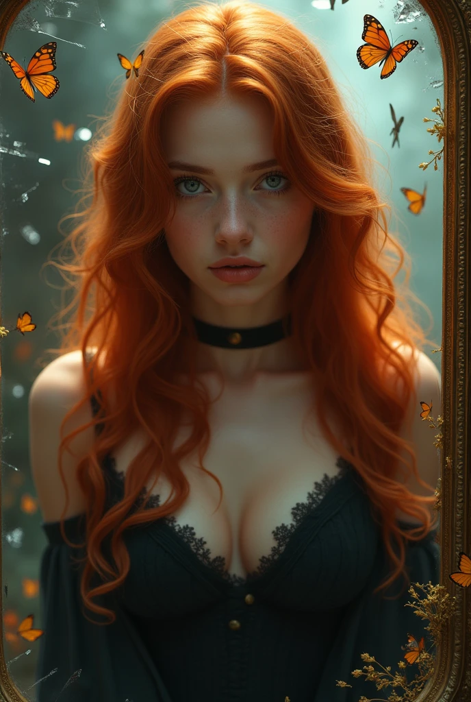 (solo, full body photo:1.3), (action packed:1.3), (haze, fog, mist:1.3), chiaroscuro, best quality, photorealistic, 1woman, (cute), (24yo:1.2), redhead, long ginger hair highly detailed, 1700'S, digital photography, art by artgerm and ruan jia and greg rutkowski surreal painting gold butterfly filigree, broken glass, (masterpiece, sidelighting, finely detailed Fashionable eyes: 1.2) (perfect oval large eyes that gazes at the viewer), beautiful detailed face, blue gorgeous perfect eyes, (blonde hair ponytail), (attractive young woman:1.3), (thick amazing hair), (seductive:1.1), (blushing:1.1)