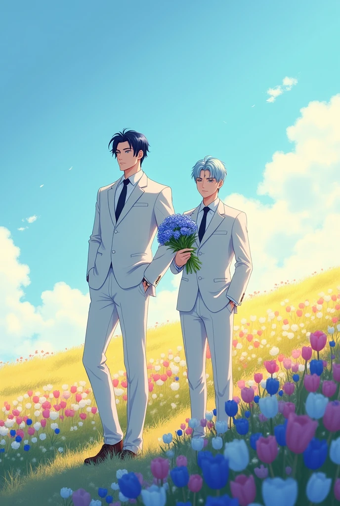 Create an anime-like image with two men dressed in white suits, on a hill full of flowers, the tallest man who has navy blue hair down to his ears and the other light blue hair and who has a bouquet of blue tulips