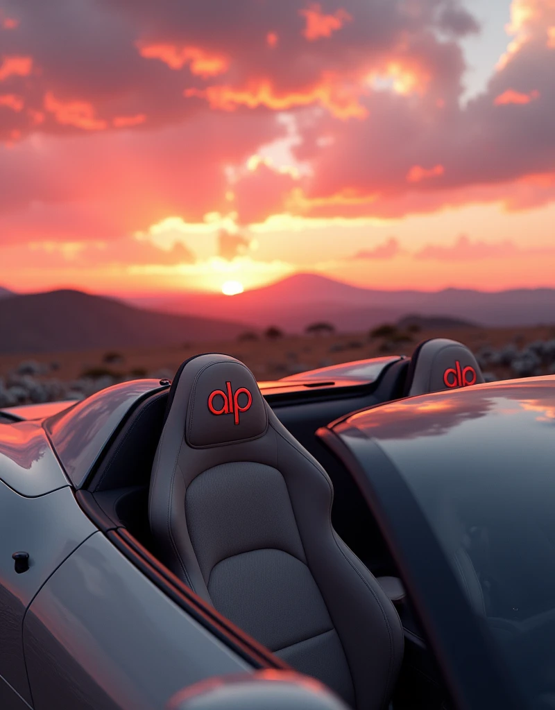 Camera view in 3/4 angle (45 degrees). Highlights include the panoramic sunroof, interior design and sports seats in beige synthetic leather with the initials “ALP” written in carmine red embroidery on the headrest. | Natural light with a magnificent pink-orange sunset in the outdoor environment.  Infinity"   