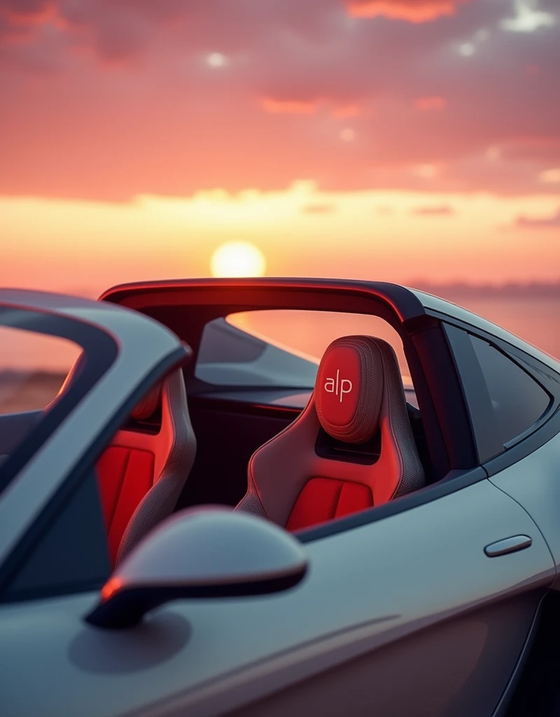 Camera view in 3/4 angle (45 degrees). Highlights include the panoramic sunroof, interior design and sports seats in beige synthetic leather with the initials “ALP” written in carmine red embroidery on the headrest. | Natural light with a magnificent pink-orange sunset in the outdoor environment. Infinity"