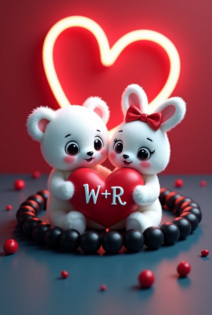 A 3D render of a white teddy bear and a white bunny rabbit wearing a red bow holding a red heart ""W + R" written on it in Capital alphabets, are standing in a black beaded bracelet. The bracelet is sitting on a dark red and blue surface with a neon red heart shape in the background.  The image is in the style of a cute cartoon.