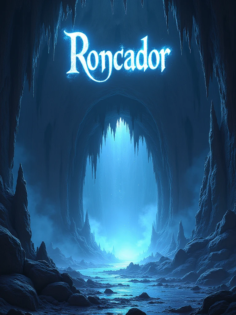 **Prompt:** *Create a mystical cave scene labeled "Roncador" at the entrance. The cave is large and mysterious, with towering stalactites and stalagmites illuminated by an ethereal glow. The word "Roncador" is carved into the rock above the entrance in ancient, glowing script. Inside, the cave is filled with shimmering crystals that emit soft light, casting reflections on the walls. Wisps of mist float through the air, adding to the enigmatic atmosphere. The cave should feel ancient and magical, with deep shadows and a palette of dark blues, purples, and glowing whites to enhance the mystical ambiance.*