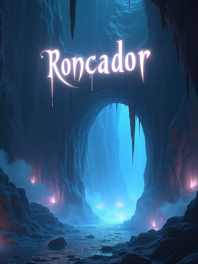 **Prompt:** *Create a mystical cave scene labeled "Roncador" at the entrance. The cave is large and mysterious, with towering stalactites and stalagmites illuminated by an ethereal glow. The word "Roncador" is carved into the rock above the entrance in ancient, glowing script. Inside, the cave is filled with shimmering crystals that emit soft light, casting reflections on the walls. Wisps of mist float through the air, adding to the enigmatic atmosphere. The cave should feel ancient and magical, with deep shadows and a palette of dark blues, purples, and glowing whites to enhance the mystical ambiance.*