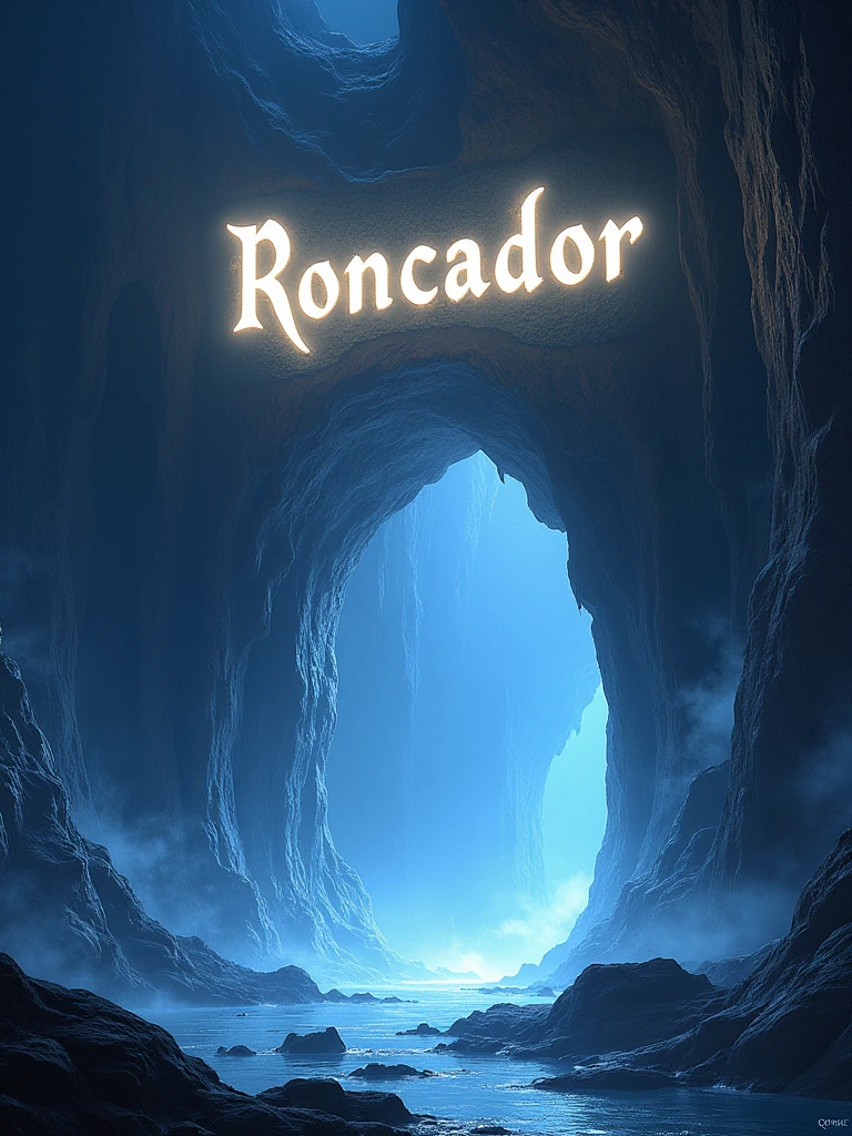 **Prompt:** *Create a mystical cave scene labeled "Roncador" at the entrance. The cave is large and mysterious, with towering stalactites and stalagmites illuminated by an ethereal glow. The word "Roncador" is carved into the rock above the entrance in ancient, glowing script. Inside, the cave is filled with shimmering crystals that emit soft light, casting reflections on the walls. Wisps of mist float through the air, adding to the enigmatic atmosphere. The cave should feel ancient and magical, with deep shadows and a palette of dark blues, purples, and glowing whites to enhance the mystical ambiance.*
